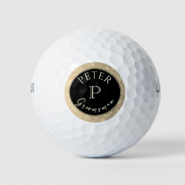 Black Gold Monogram Personalized Groomsman Golf Balls (Front)