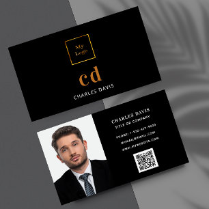 Black gold monogram photo Qr code logo Business Card