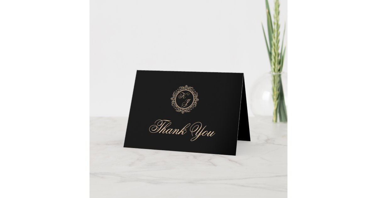 Black Gold Monogram Photo Wedding Thank You Card | Zazzle