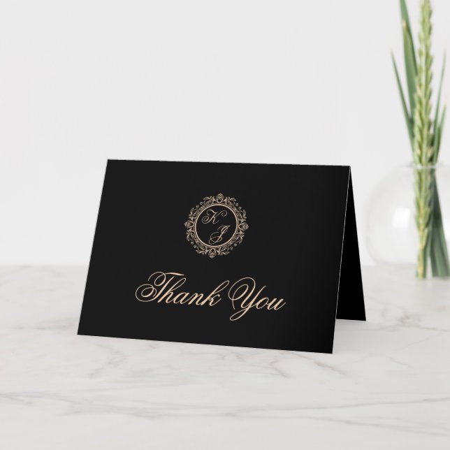 Black Gold Monogram Photo Wedding Thank You Card (Front)