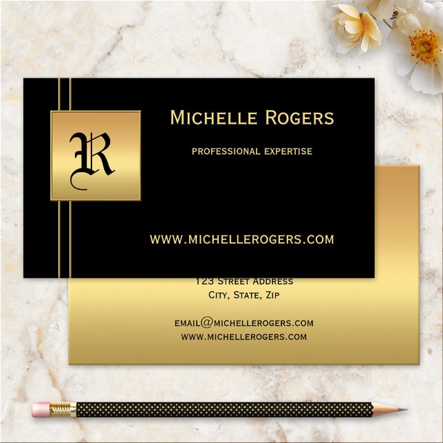 Black Gold Monogram Professional Business Card (A stylish black and gold business card with your own monogram)