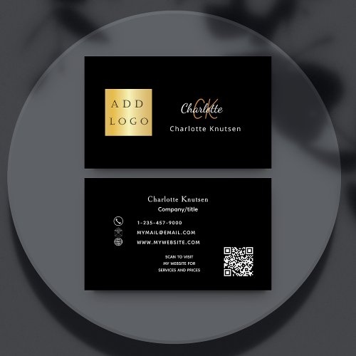 Black gold monogram Qr code logo Business Card