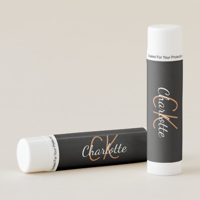 Black gold monogram script elegant minimalist lip balm (Front)