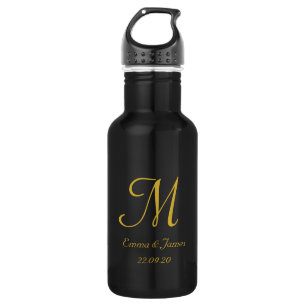 Black Gold Monogram Script Name Custom Stainless Steel Water Bottle