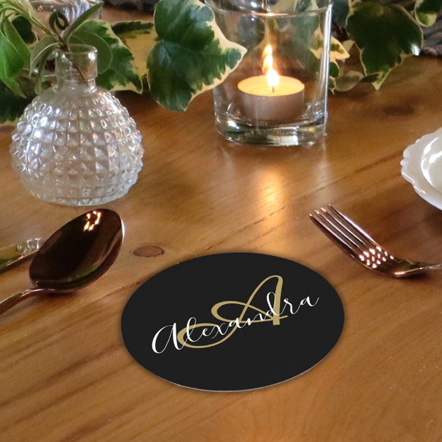 Black Gold Monogram Script Name Party Round Paper Coaster (Monogram Black Gold Elegant Script Name Round Paper Coaster)