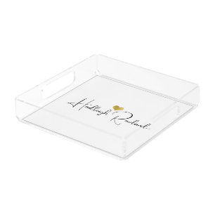Black Gold Monogram Script Name Stylish Acrylic Tray