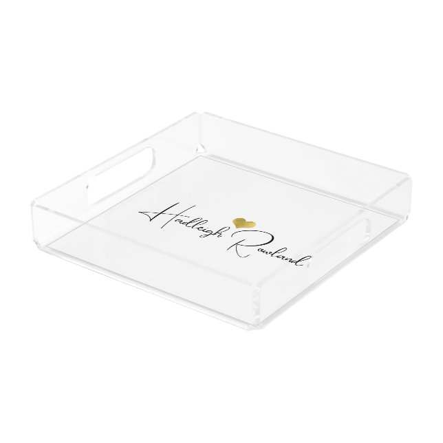 Black Gold Monogram Script Name Stylish Acrylic Tray (Angled)