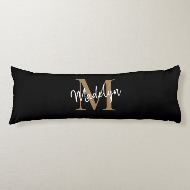 Black Gold Monogram Script Newlywed Anniversary Body Pillow (Front)