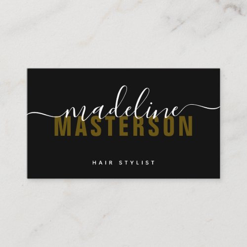 Black Gold Monogram Script Signature Hair Stylist Business Card