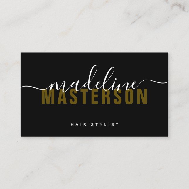 Black Gold Monogram Script Signature Hair Stylist Business Card (Front)