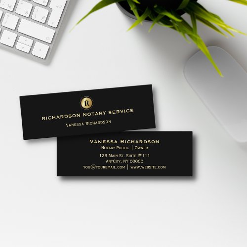 Black  Gold Monogram Sleek Notary Business  Mini Business Card