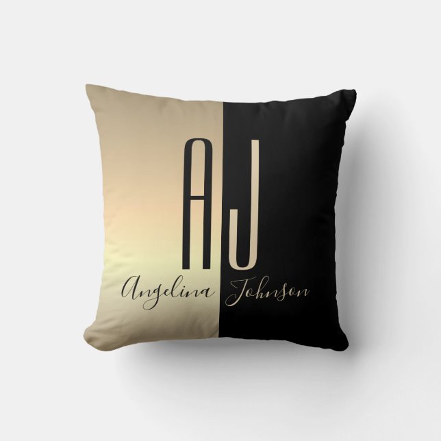 Black Gold Monogram Throw Pillow (Front)