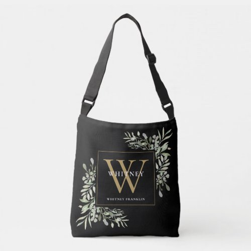 Black Gold Monogram Watercolor Greenery Crossbody Bag