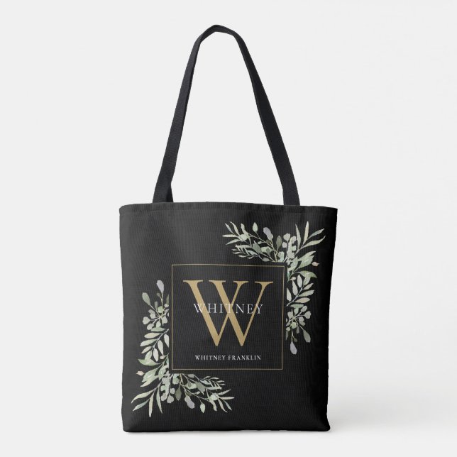 Black Gold Monogram Watercolor Greenery Leaves Tot Tote Bag (Back)