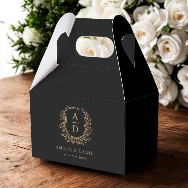 Black Gold Monogram Wedding Black Crest Modern Favor Boxes (Creator Uploaded)