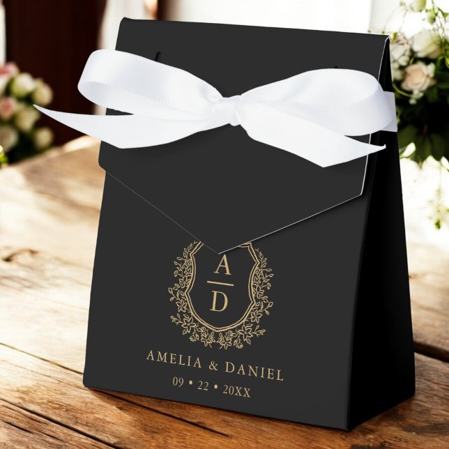Black Gold Monogram Wedding Crest Modern Favor Boxes (Creator Uploaded)