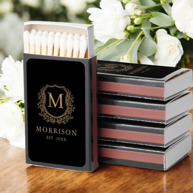 Black Gold Monogram Wedding Floral Crest Matchboxes (Creator Uploaded)