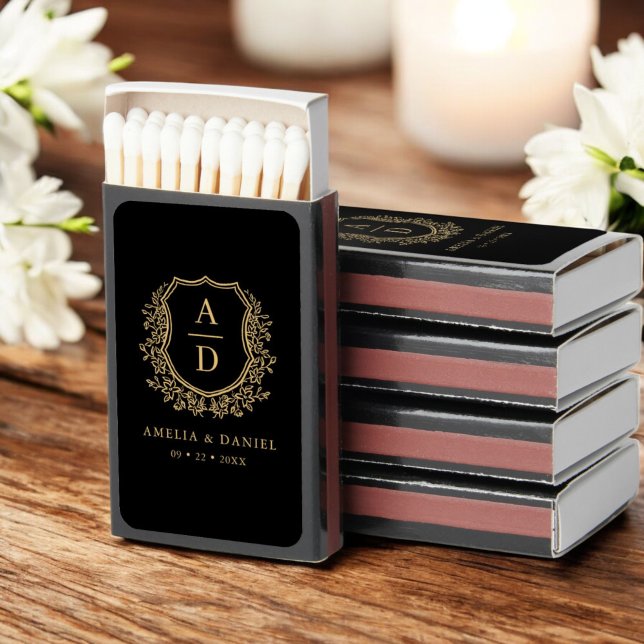 Black Gold Monogram Wedding Floral Crest Matchboxes (Creator Uploaded)