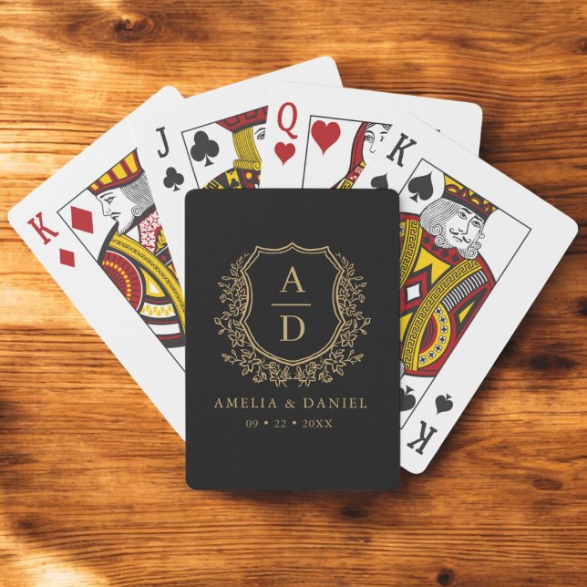 Black Gold Monogram Wedding Floral Crest Poker Cards (Creator Uploaded)