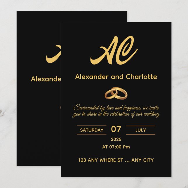 Black Gold Monogram Wedding Invitation (Front/Back)