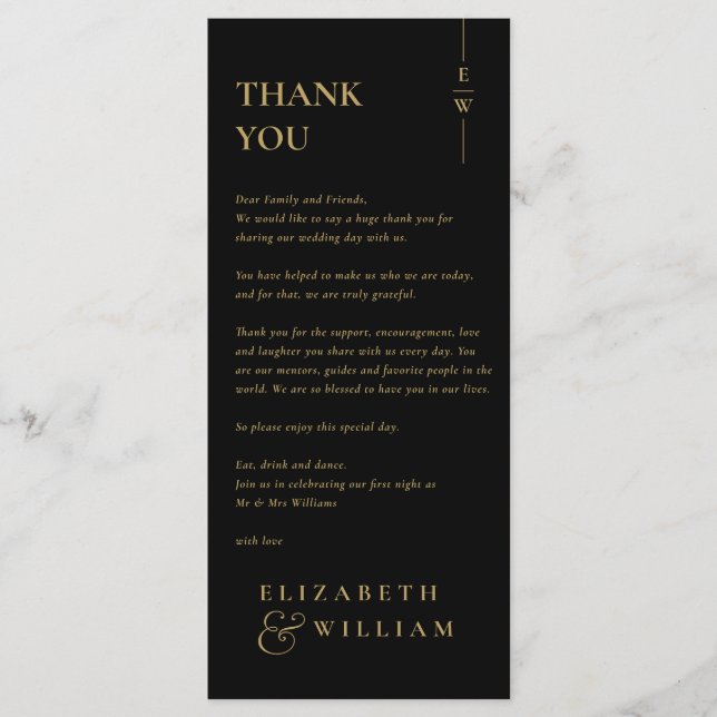 Black Gold Monogram Wedding Thank You Place Card (Front)