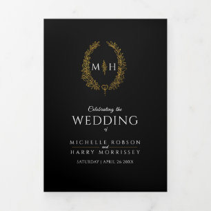 Black gold monogram wreath story & program wedding