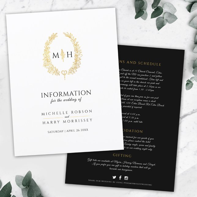 Black gold monogram wreath wedding guest info (Creator Uploaded)