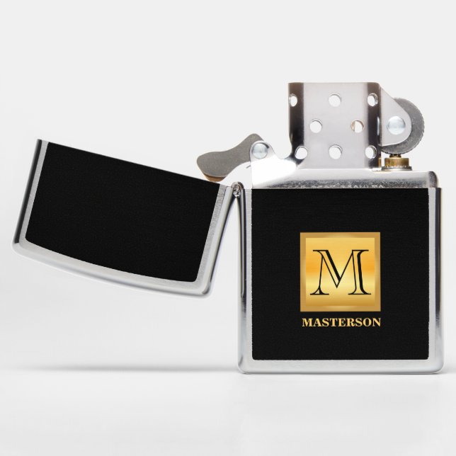 Black & Gold Monogram Zippo Lighter for Men (Opened)