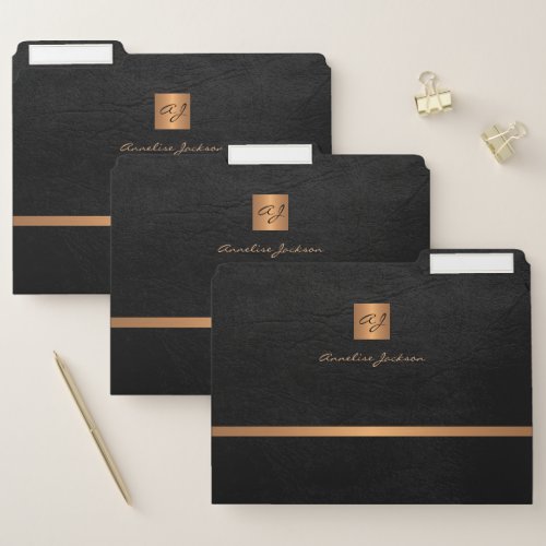Black gold monogrammed modern elegant chic file folder