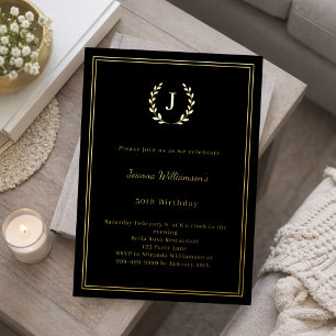 Black gold monogrammed wreath birthday foil invitation