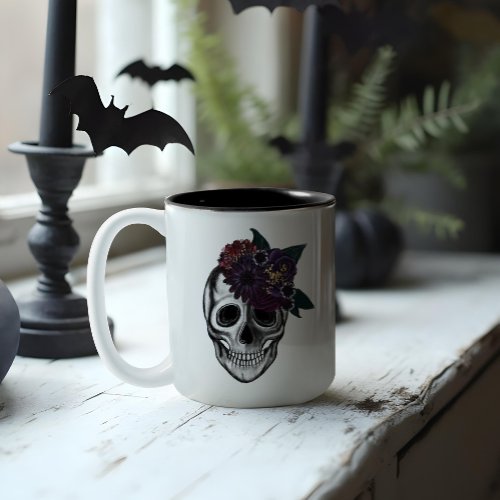 Black  Gold Moody Floral Halloween Skull Monogram Two_Tone Coffee Mug