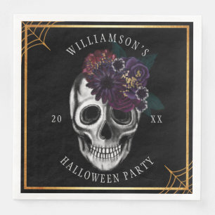 Black & Gold Moody Floral Halloween Skull Party Paper Dinner Napkins