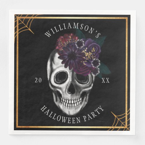Black  Gold Moody Floral Halloween Skull Party Paper Dinner Napkins