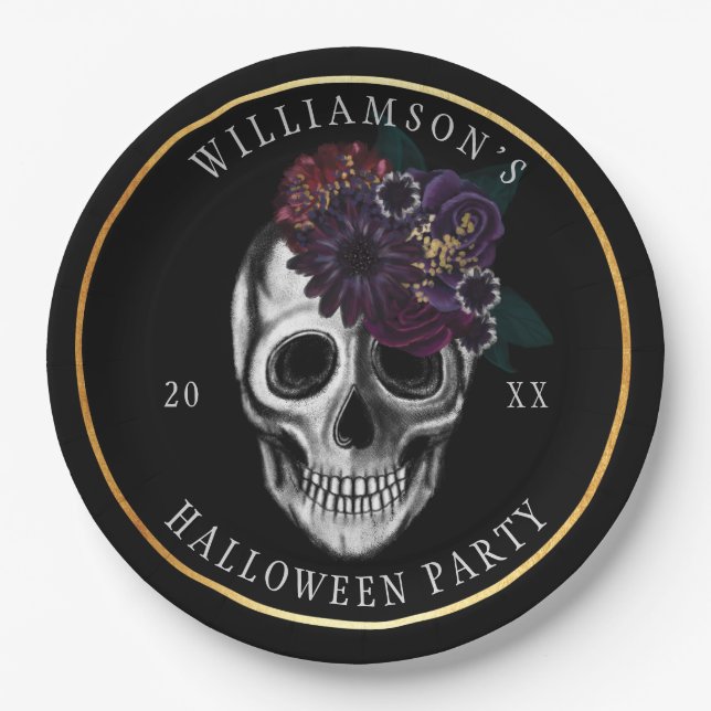 Black & Gold Moody Floral Halloween Skull Party Paper Plates (Front)