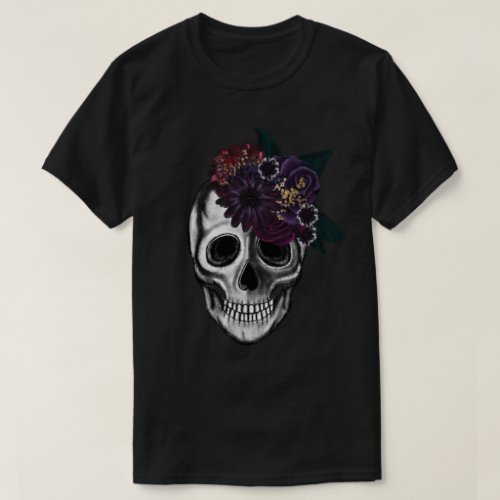 Black  Gold Moody Floral Halloween Skull T_Shirt