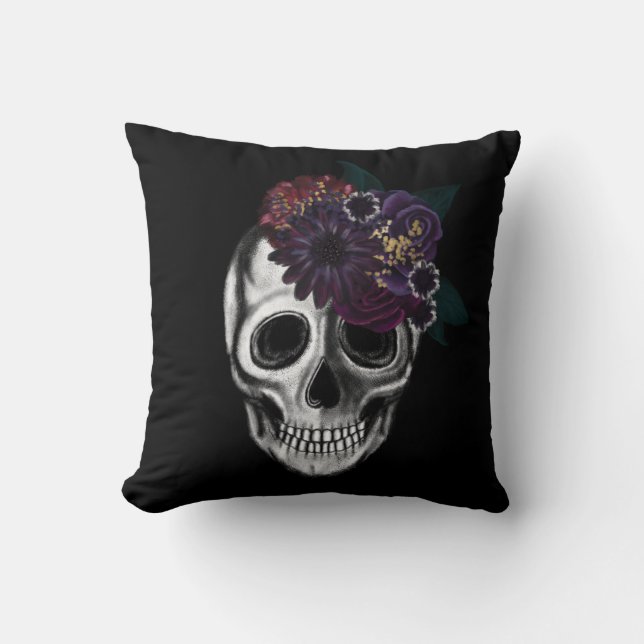 Black & Gold Moody Floral Halloween Skull Throw Pillow (Front)