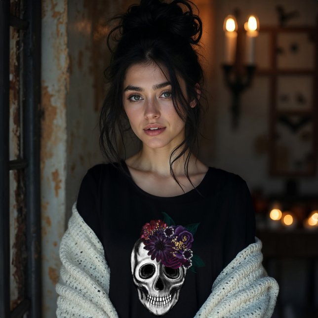 Black & Gold Moody Floral Halloween Skull Tri-Blend Shirt (Black & Gold Moody Floral Halloween Skull Tri-Blend Shirt)