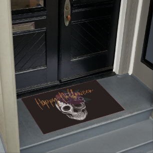 Black & Gold Moody Floral Happy Halloween Skull Doormat