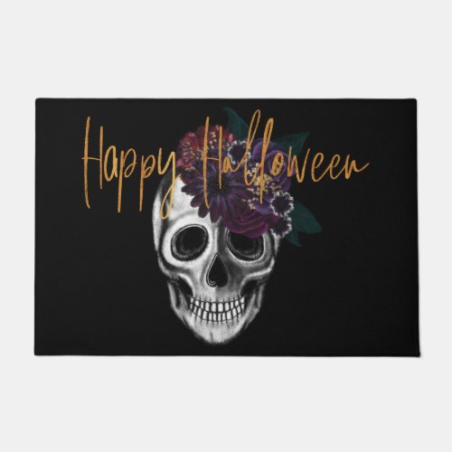 Black  Gold Moody Floral Happy Halloween Skull Doormat