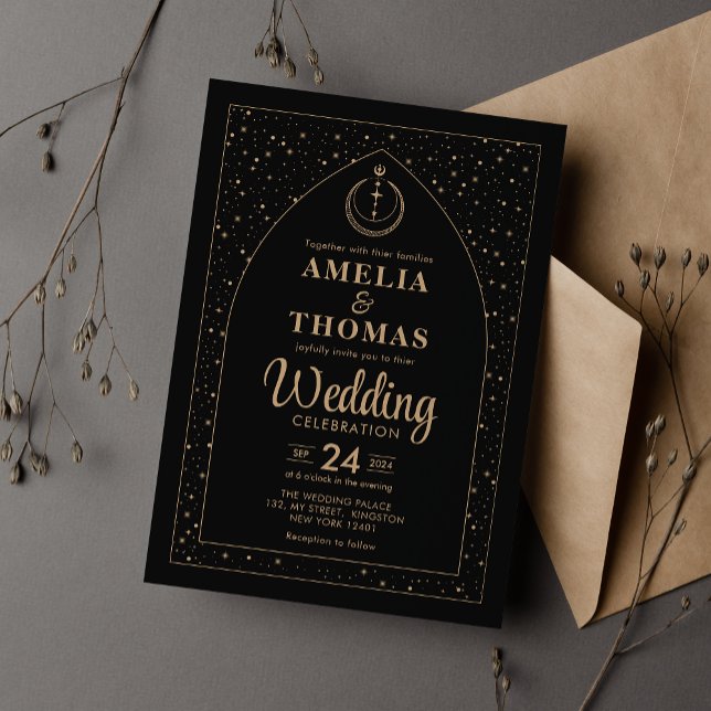 Black & Gold Moon and Star Arch Celestial Wedding Invitation (Creator Uploaded)