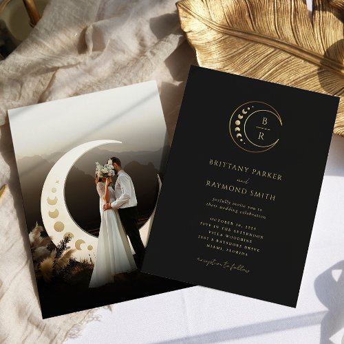 Black Gold Moon Celestial Wedding Invitation