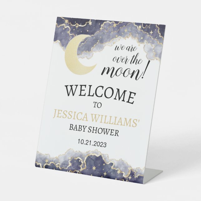 Black gold moon stars baby shower welcome sign (Front)