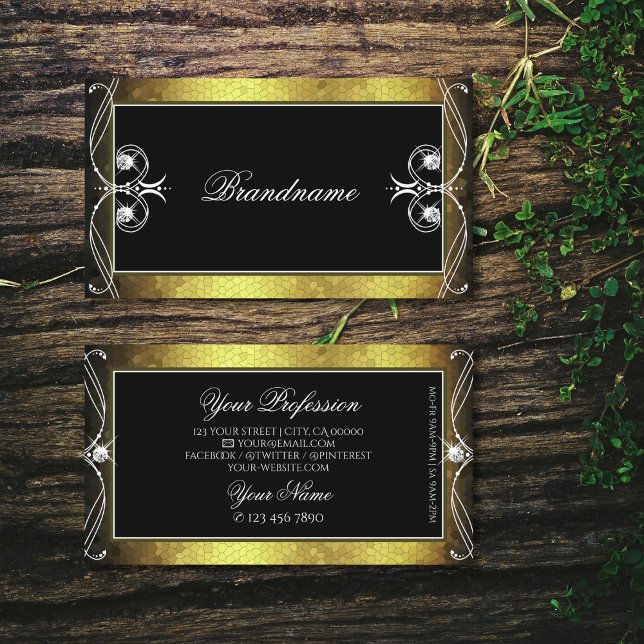Black Gold Mosaic Ornate Ornament Sparkle Diamonds Business Card (Creator Uploaded)