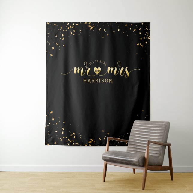 Black Gold Mr and Mrs Wedding Photo Booth Tapestry (In Situ)
