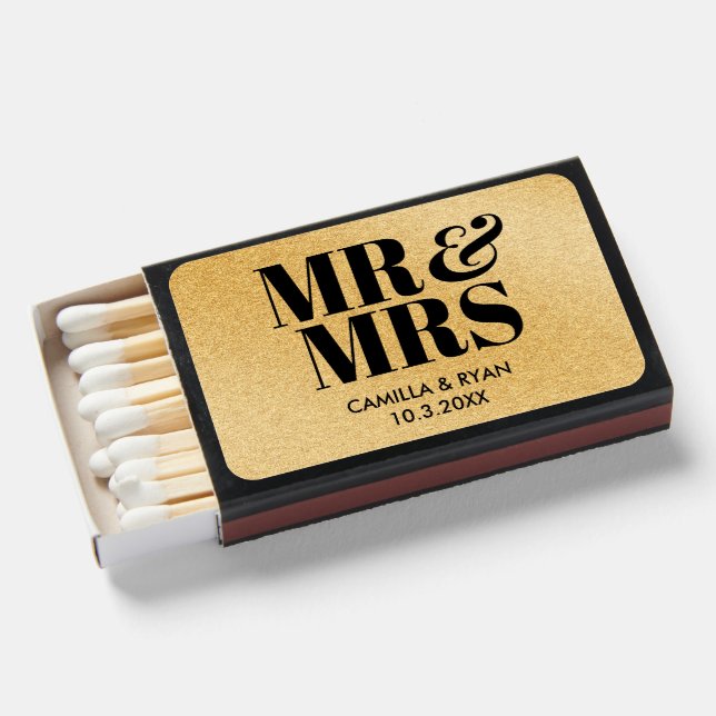 Black & Gold Mr & Mrs Personalized Wedding Matches (Front Open)