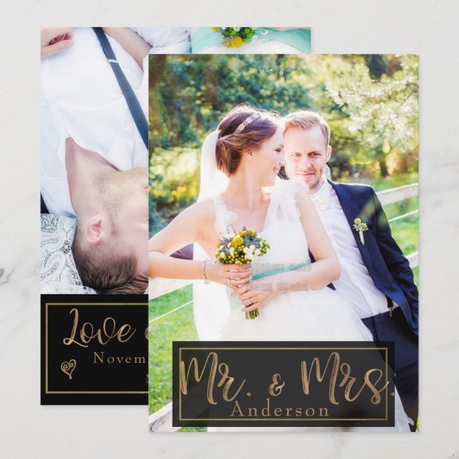 Black & Gold Mr. & Mrs. Wedding Photo Thank You Invitation (Front/Back)