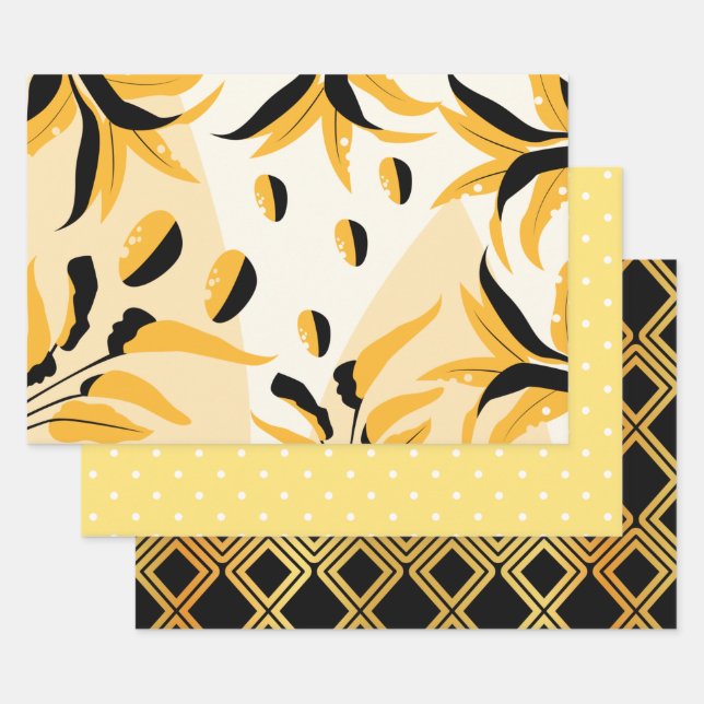Black, Gold Multipatterned  Wrapping Paper Sheets (Set)