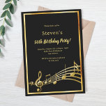 Black gold music notes birthday invitation<br><div class="desc">A trendy,  modern 50th (or any age) birthday party invitation card for both men and women.  A classic black background,  with faux gold  frame and music notes,  golden colored letters. Templates for your party information.</div>