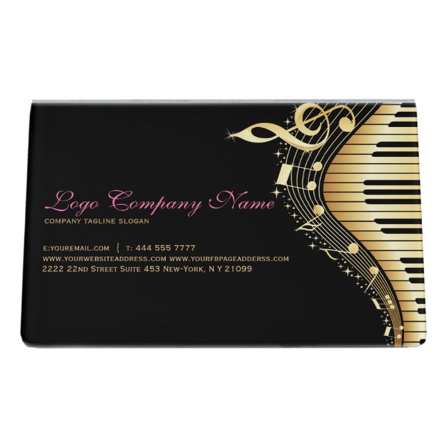 Black & Gold Music Notes Design Desk Business Card Holder (Back)