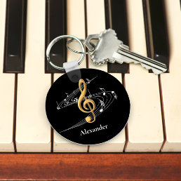 Black Gold Music Notes Monogram Name Keychain